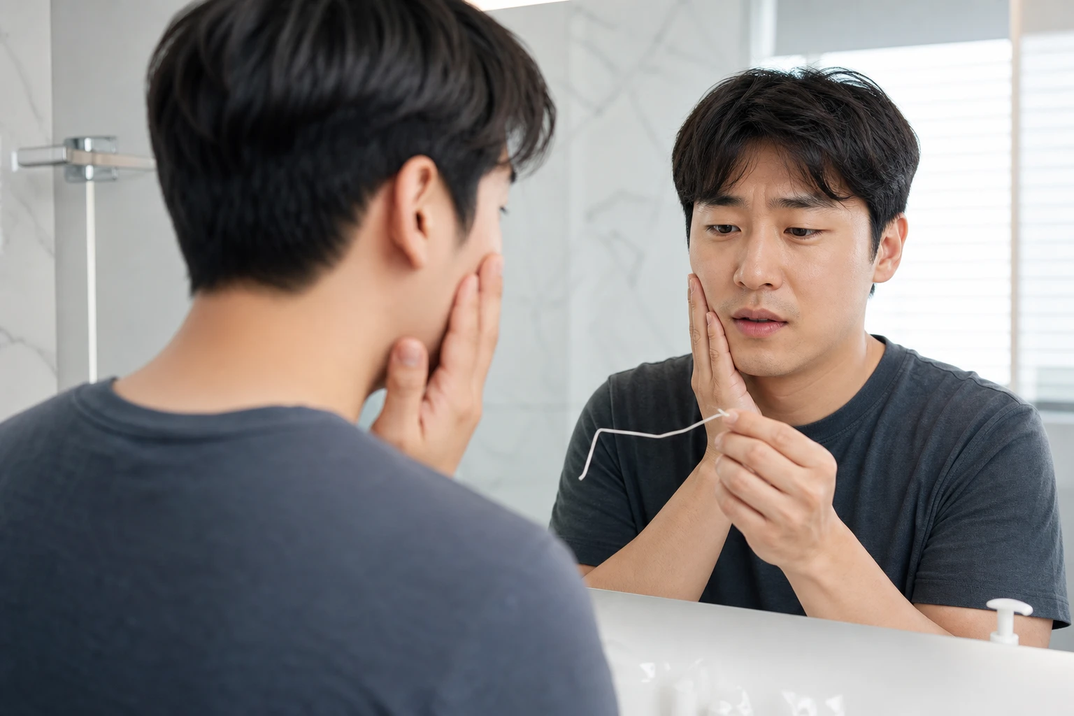 거울 앞에서 치실을 확인하는 모습