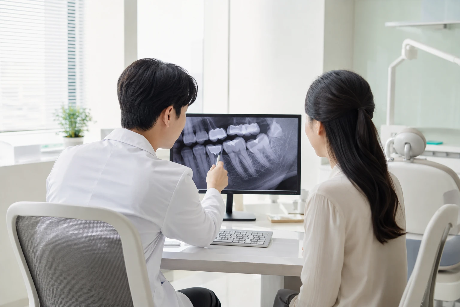 치과 상담실에서 어금니 방사선 영상을 함께 확인하는 모습